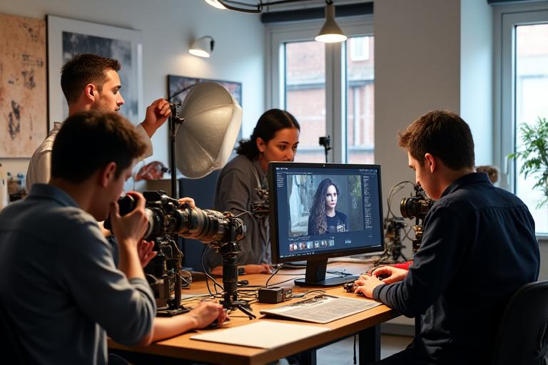 A team of photographers and creative directors collaborating in a modern, well-lit studio space, featuring cameras, lighting equipment, and mood boards.