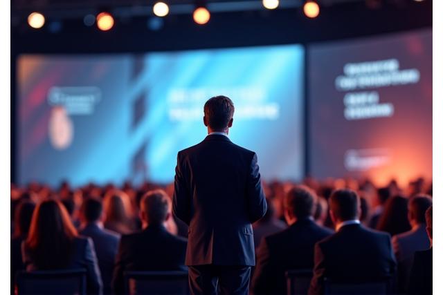 Keynote speaker presenting at a corporate event with professional lighting